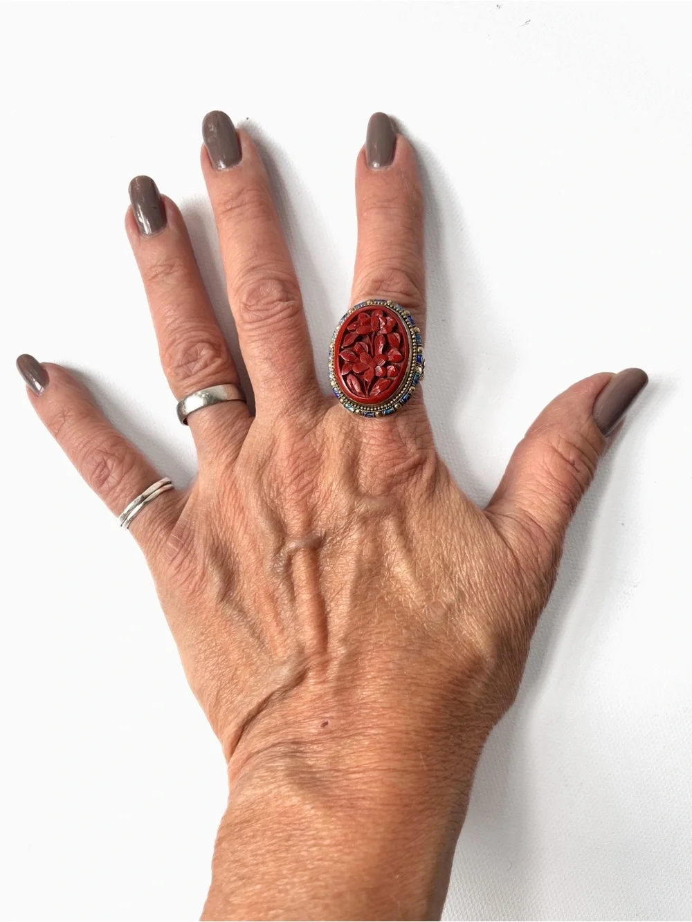 Antique Chinese Cinnabar Ring Carved Floral Silver Gold Gilt Enamel Adjustable